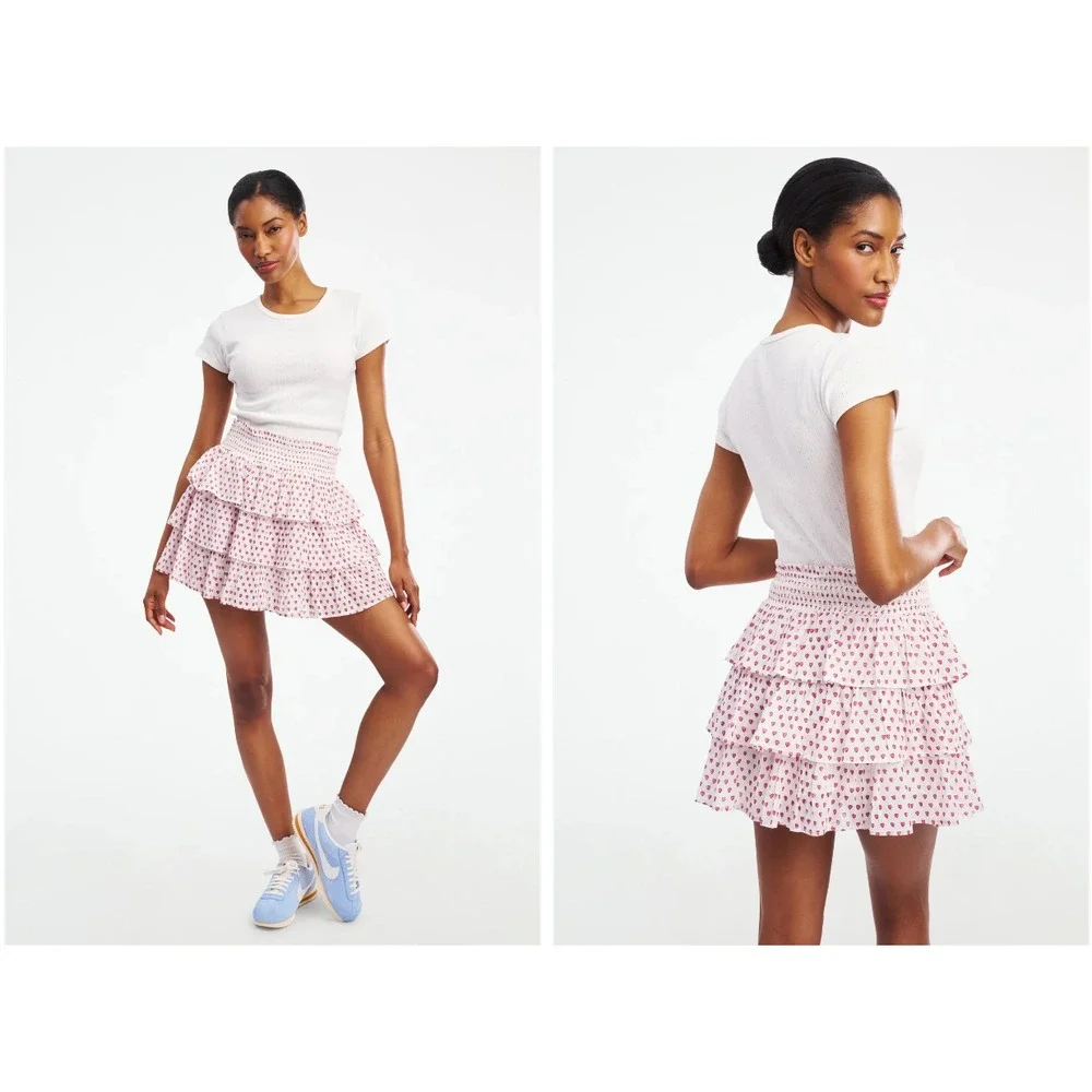 Roller Rabbit Hearts Siggy Tiered Ruffle Smocked Waist Mini Skirt Size Small - Picture 3 of 8